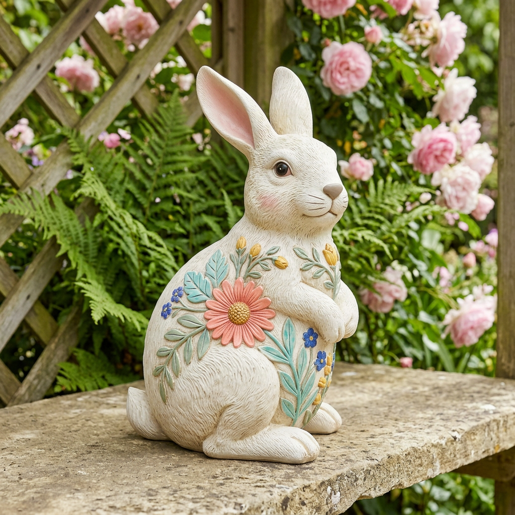 AI concept hero: floral rabbit in a botanical garden display