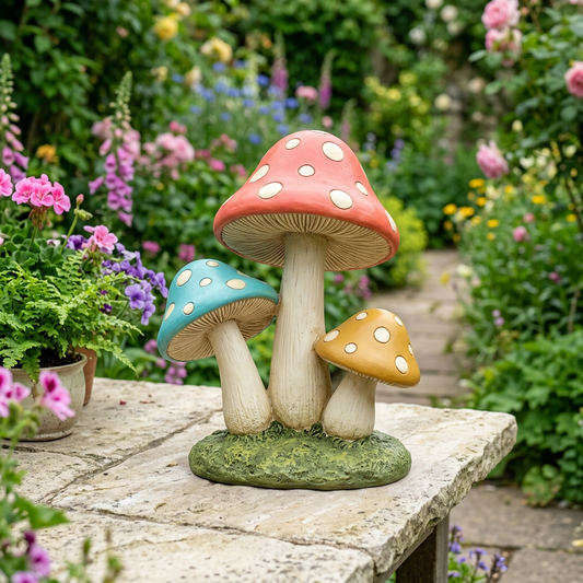 AI concept main image: colorful three-mushroom garden sculpture on a shared green base
