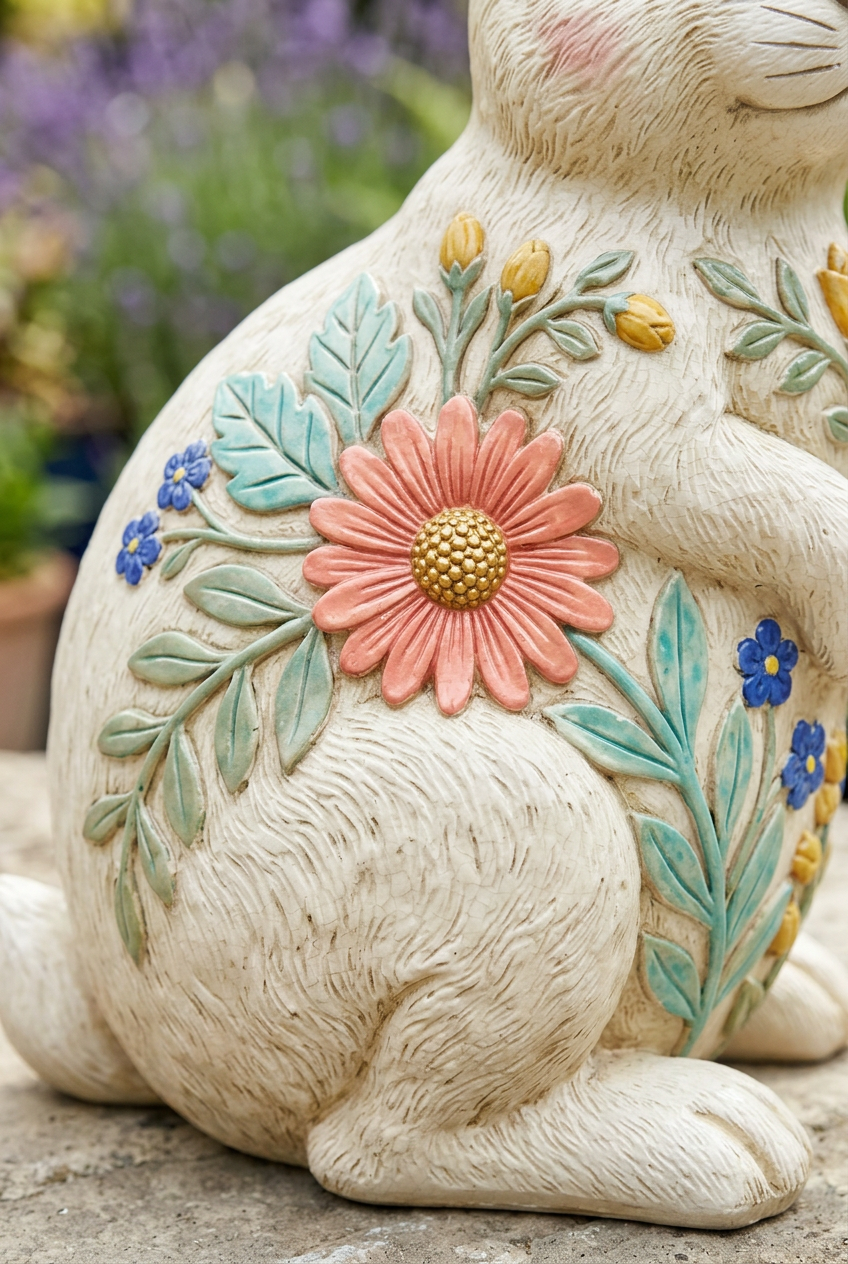 AI concept detail: coral daisy turquoise leaves blue flowers and golden buds