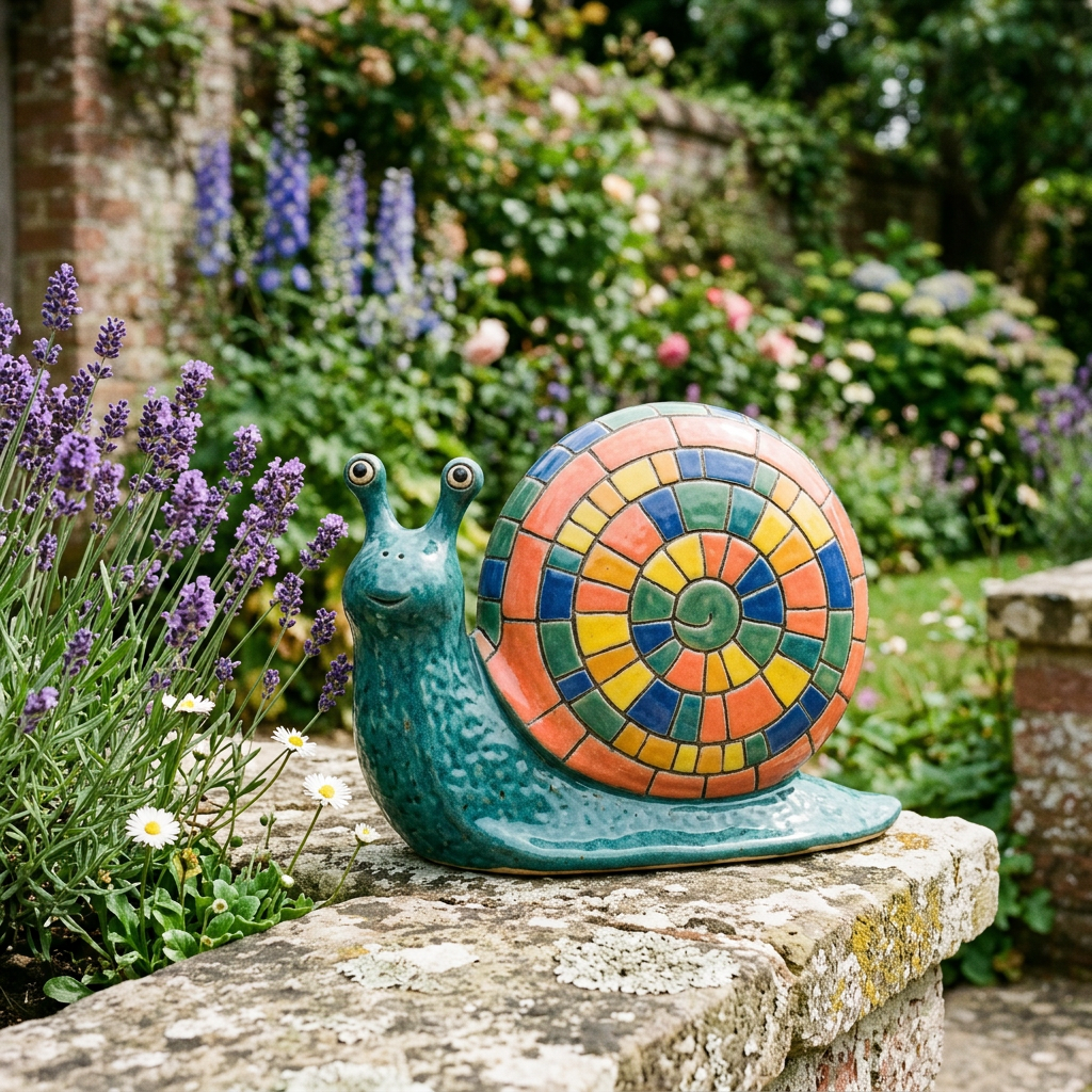 AI concept main image: turquoise snail with colorful spiral shell on a garden ledge