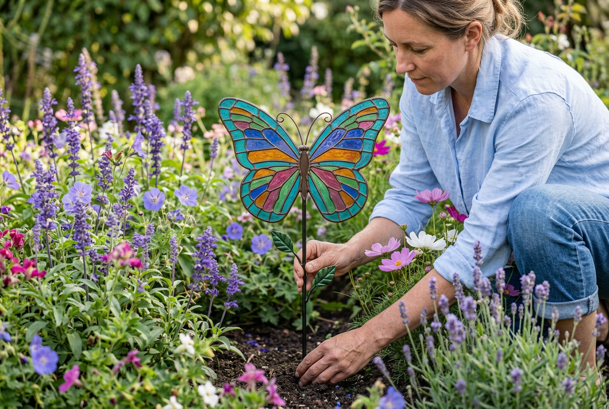AI lifestyle concept: adult female model positioning a butterfly garden stake