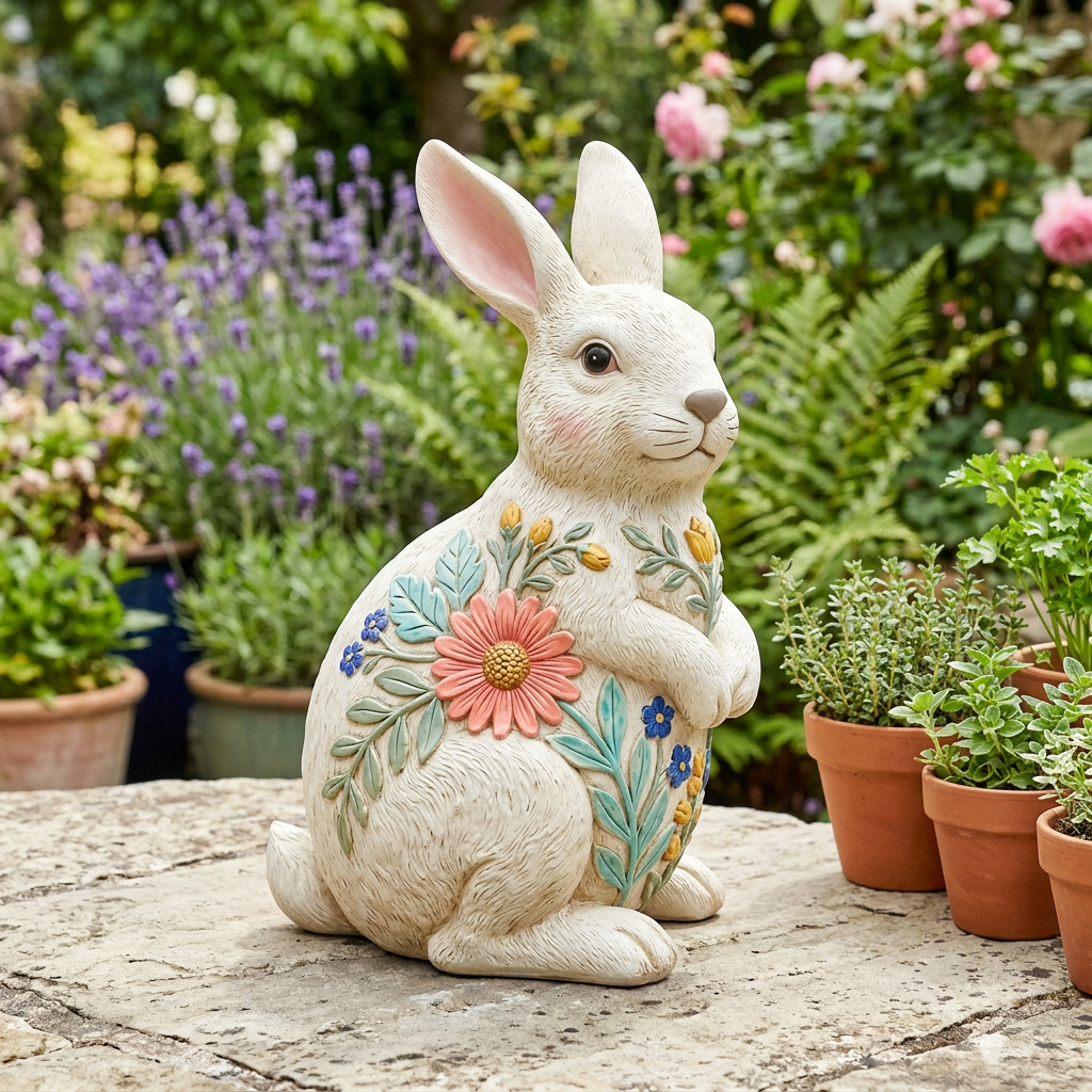 AI concept hero: floral rabbit ornament on a patio table