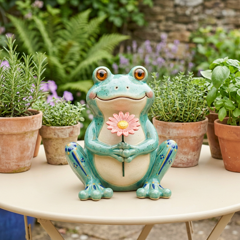 AI concept hero: flower-holding frog on a patio table