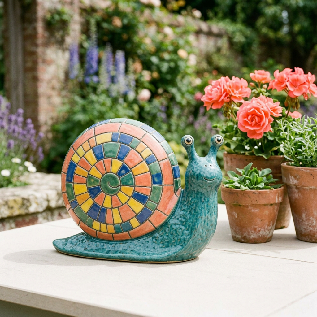 AI concept main image: colorful snail ornament beside patio pots
