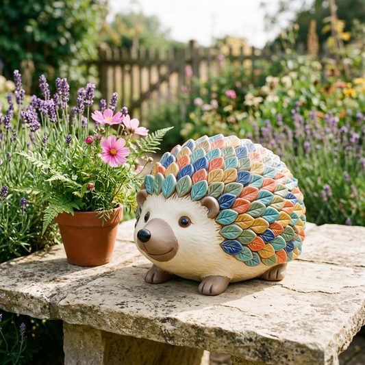 AI concept hero: cream-faced hedgehog with colorful overlapping leaf motifs