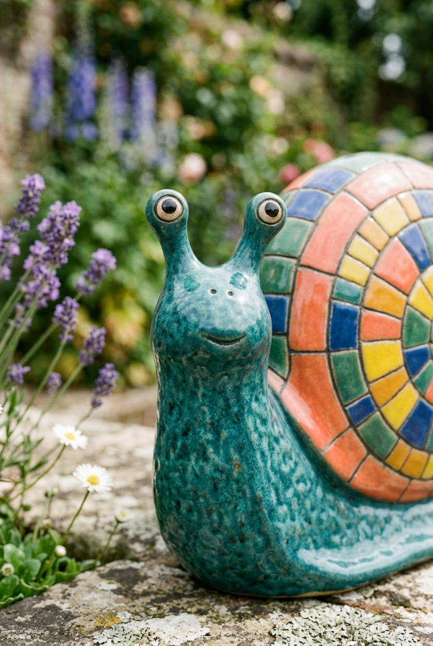 AI concept detail: smiling turquoise snail face and raised eyes