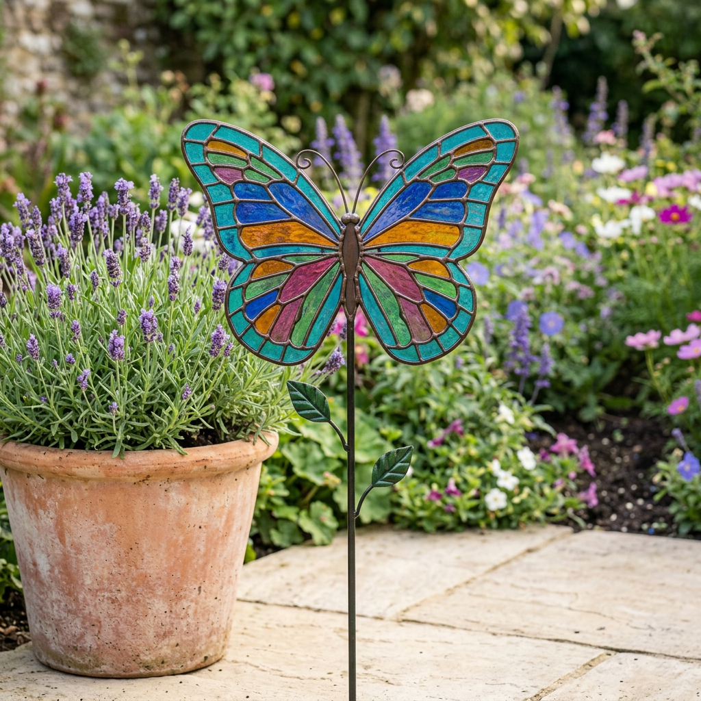 AI concept: butterfly garden ornament styled beside a patio planter