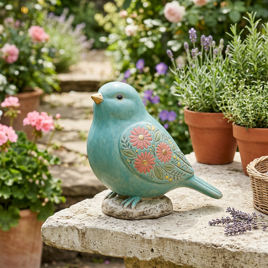 AI concept main image: turquoise floral songbird garden ornament