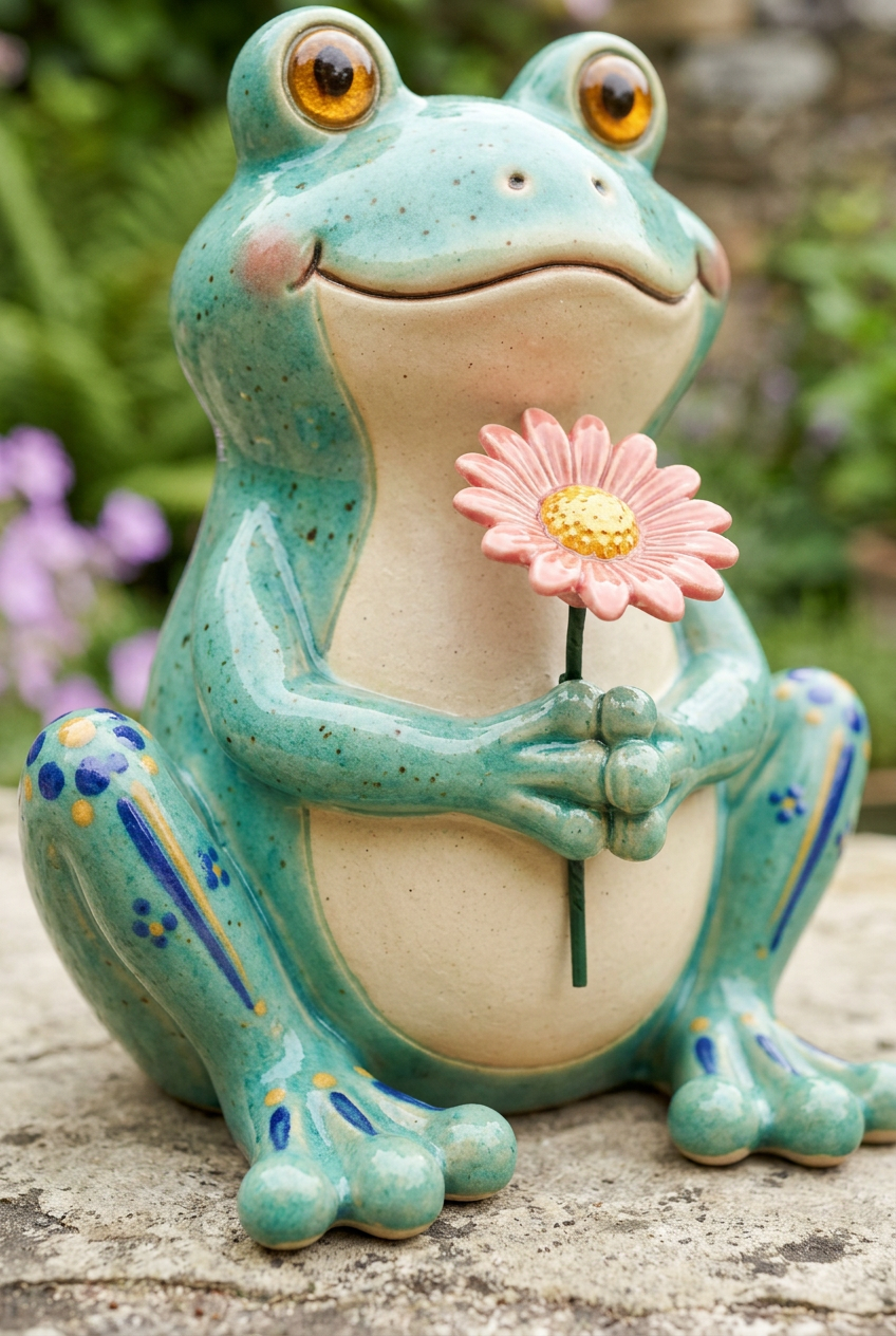 AI concept detail: pink daisy and sculpted frog hands