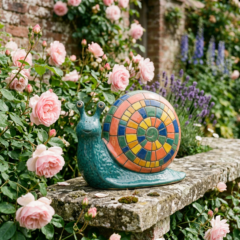 AI concept main image: spiral snail sculpture in a garden bench display