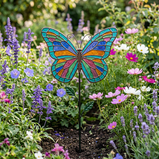 AI concept: jewel-tone butterfly garden stake in a colorful flower border