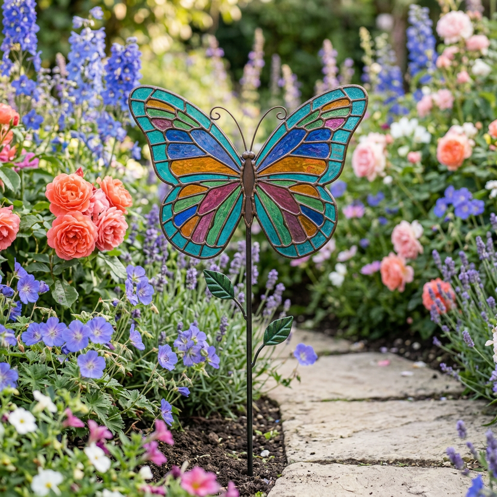 AI concept: multicolor butterfly decoration beside a garden path
