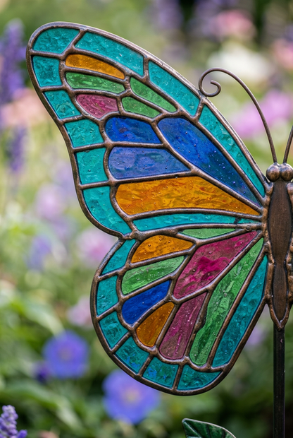 AI concept detail: jewel-colored mosaic-style butterfly wing panels