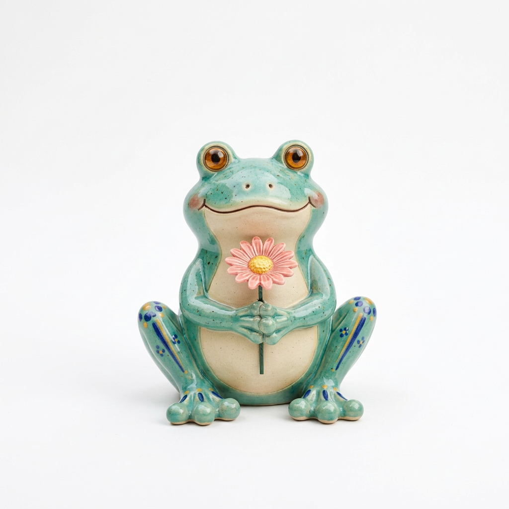 AI concept: flower-holding frog isolated on a white background
