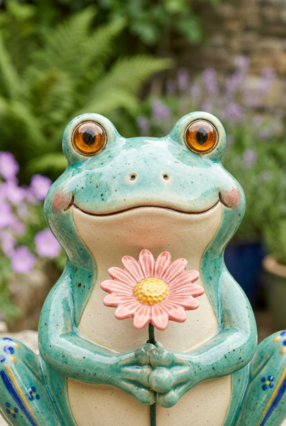 AI concept detail: amber eyes pink cheeks and smiling frog face