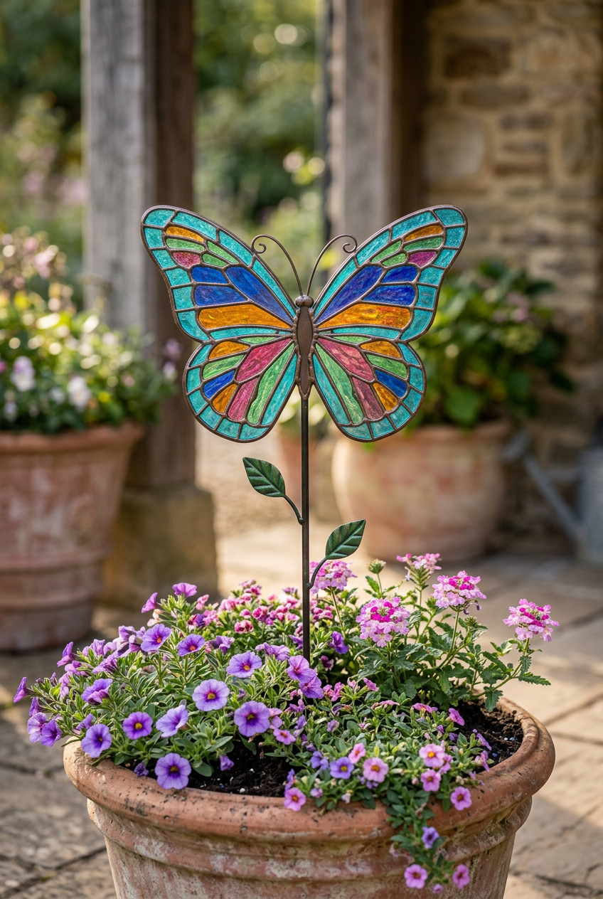 AI concept detail: butterfly ornament arranged with planter flowers