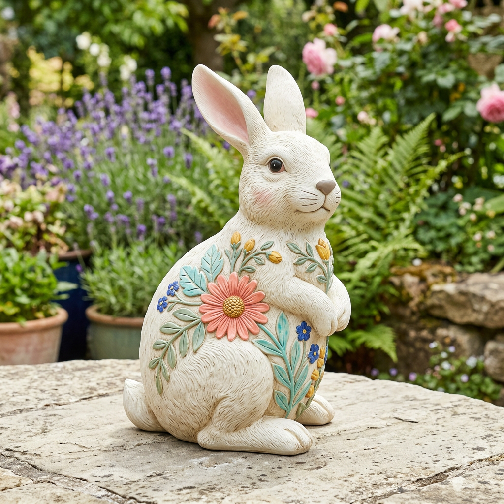 AI concept hero: cream rabbit sculpture with colorful botanical relief