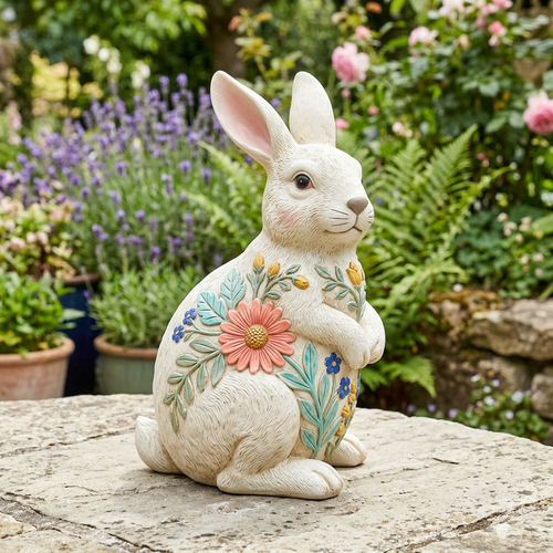 AI concept hero: cream rabbit sculpture with colorful botanical relief