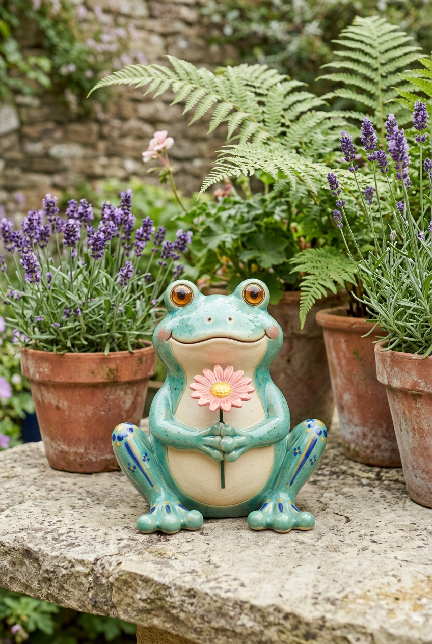 AI concept detail: frog ornament paired with patio plants