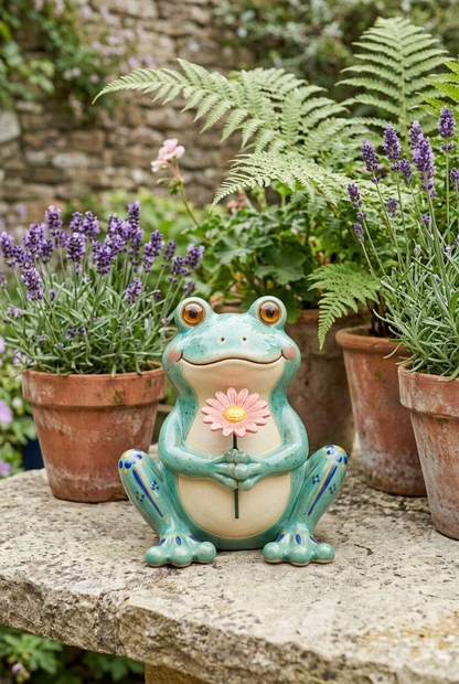 AI concept detail: frog ornament paired with patio plants