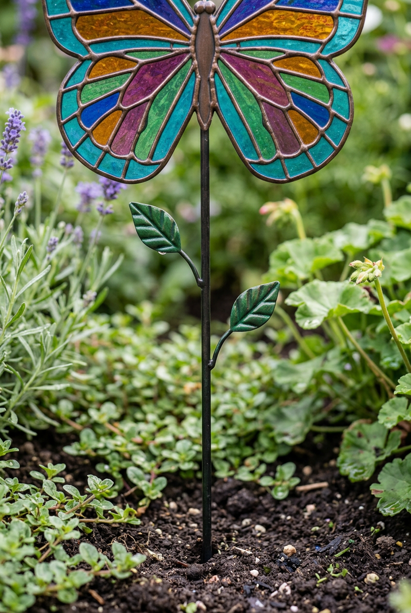 AI concept detail: garden stake stem and green decorative leaves