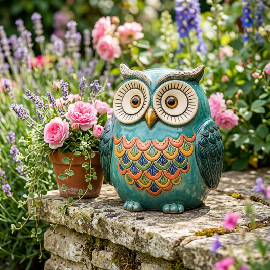 AI concept hero: turquoise owl ornament with colorful feather motifs in a garden