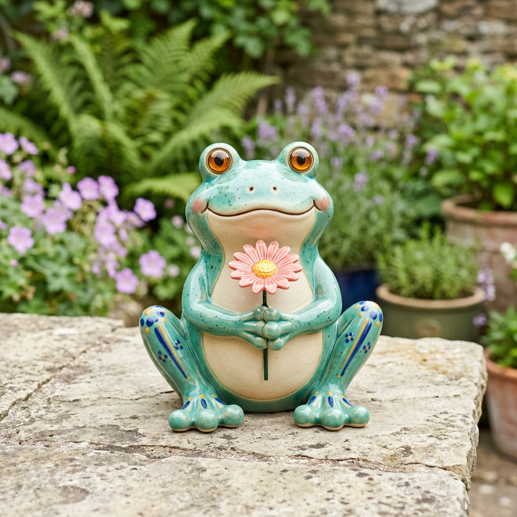 AI concept hero: smiling turquoise frog holding a pink flower in a garden