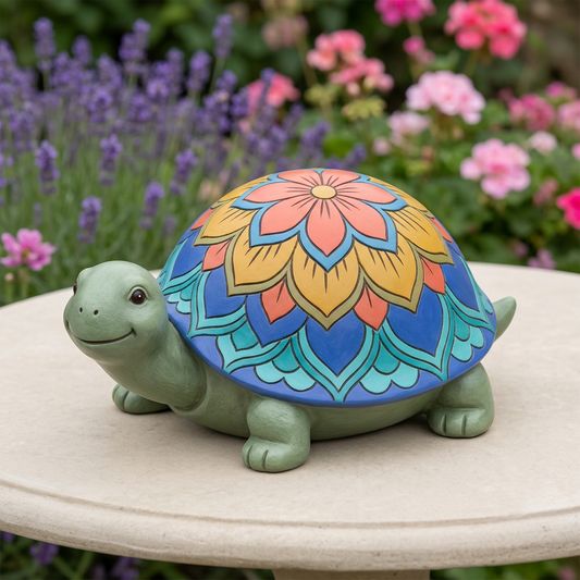 AI concept hero: sage-green turtle ornament with colorful floral shell