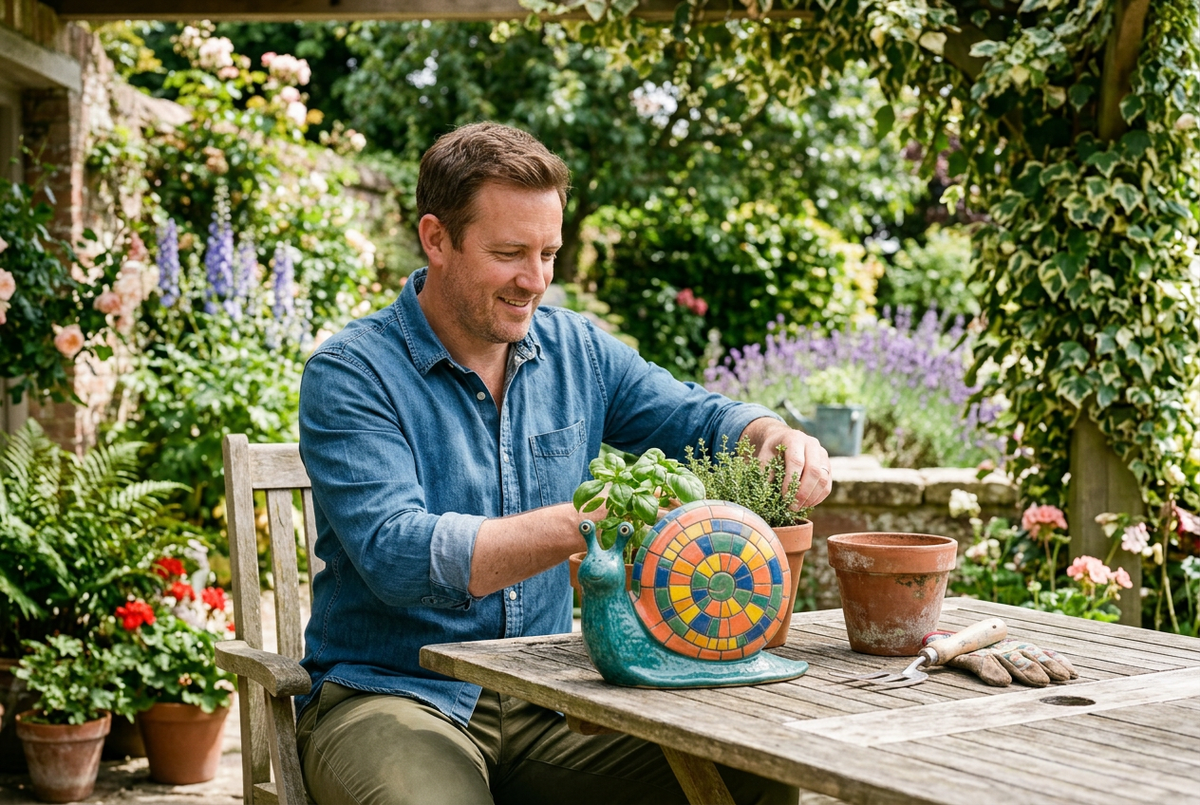 AI lifestyle concept: adult American male model styling a patio table with a snail ornament