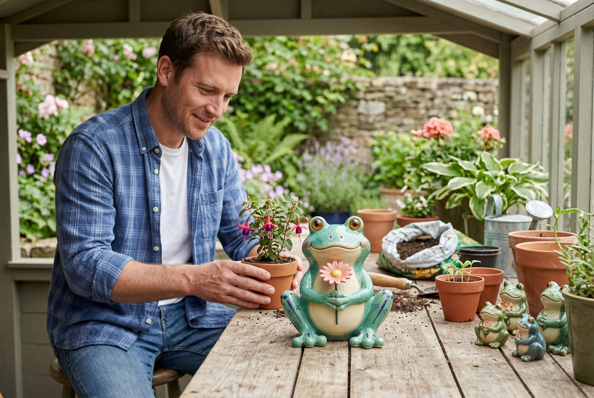 AI lifestyle concept: adult American male model arranging plants beside frog ornament