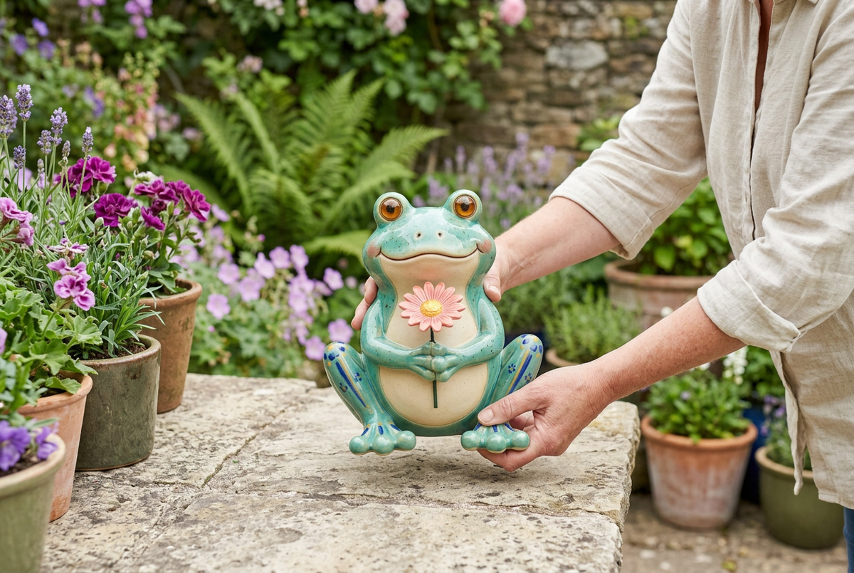 AI lifestyle concept: adult European female model placing frog ornament