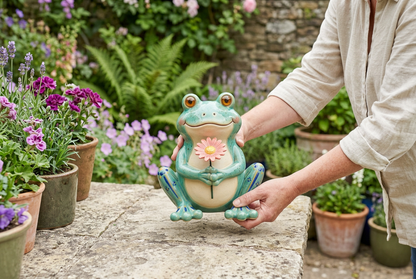 AI lifestyle concept: adult European female model placing frog ornament