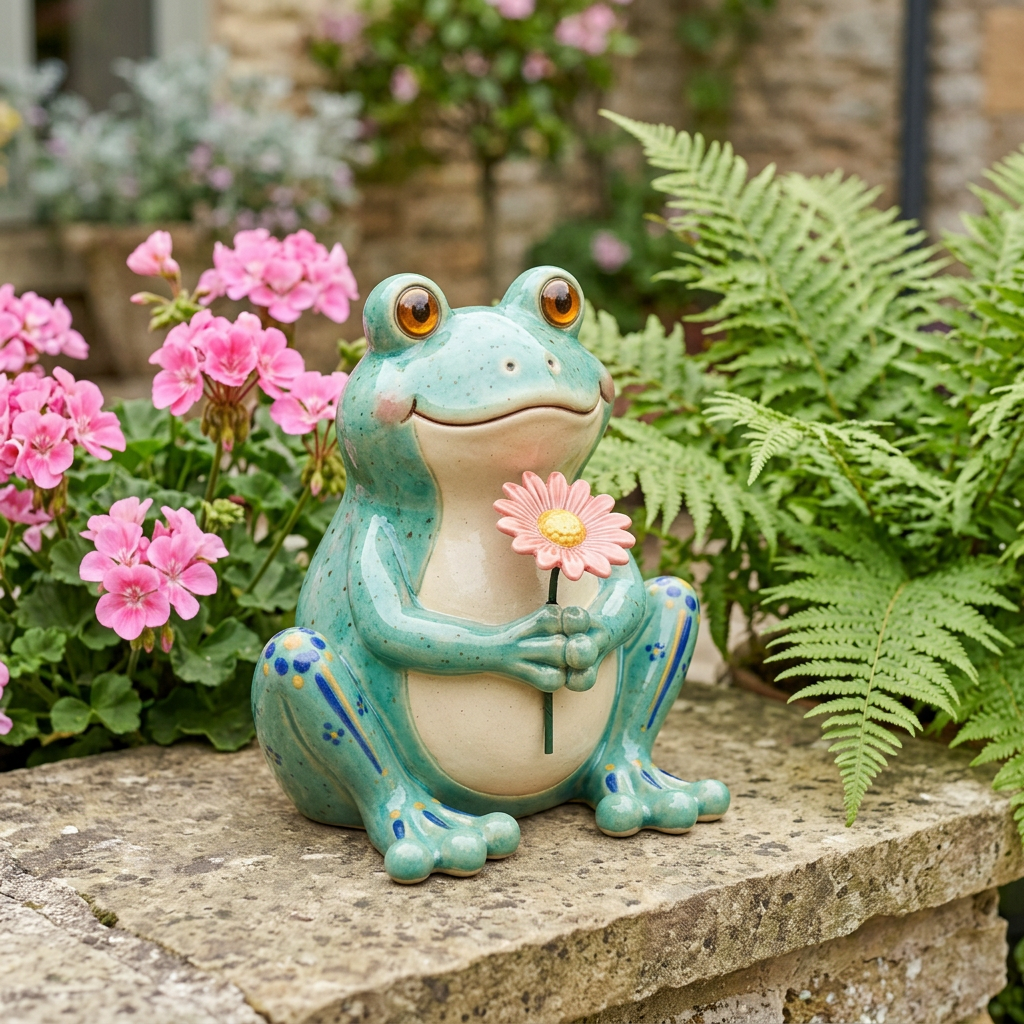 AI concept hero: three-quarter frog ornament with botanical backdrop