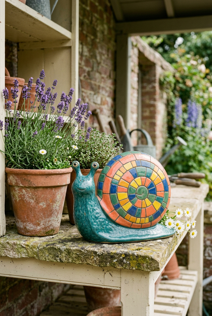 AI concept detail: snail ornament styled beside lavender and terracotta