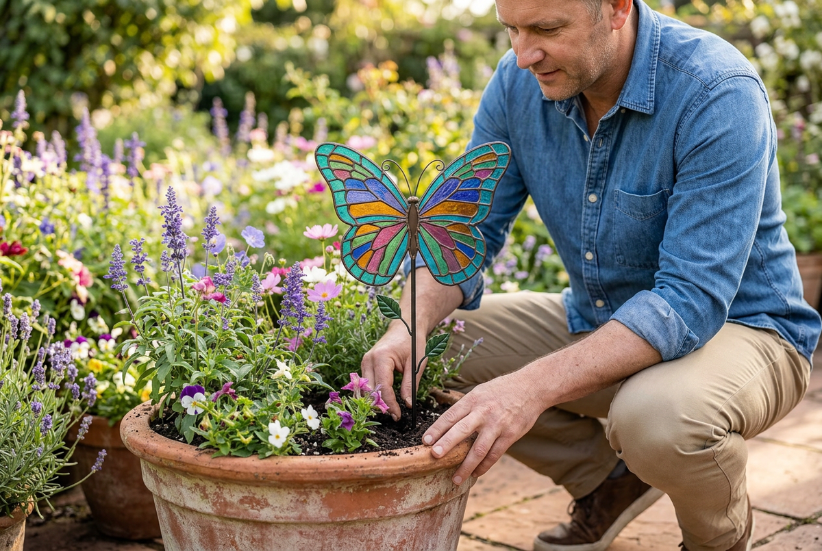 AI lifestyle concept: adult male model styling a patio planter with a butterfly ornament